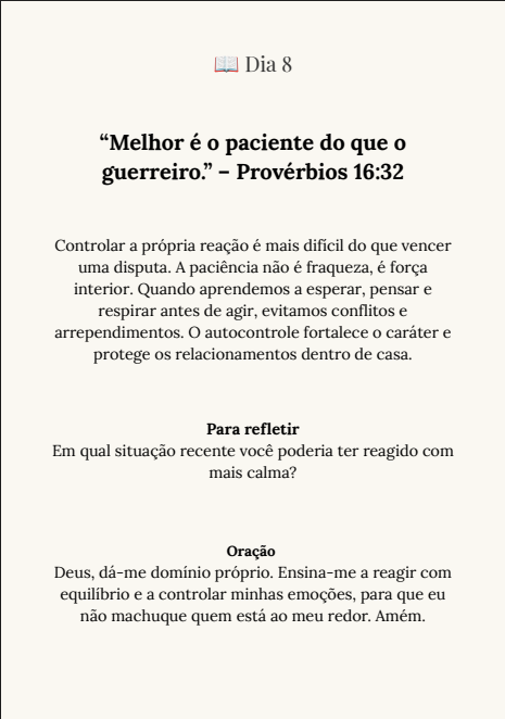 Página do Dia 8 do livro — passagem bíblica, reflexão e oração